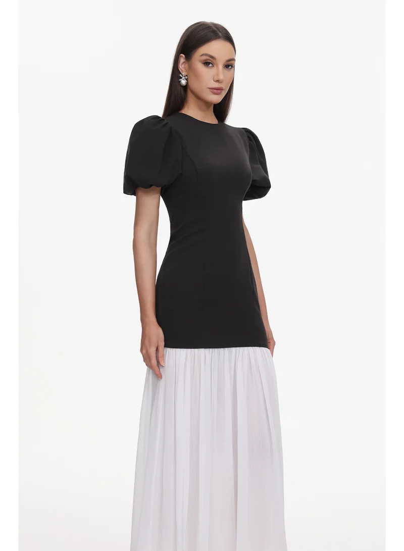 Bella Barnett  Spiral Classic Tailored Puff Sleeve Pleated Contrast Maxi Dress for Women | Best Price UAE